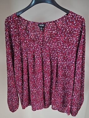 a.n.a Burgundy Multi-Color Dot-Print Long Sleeve Top